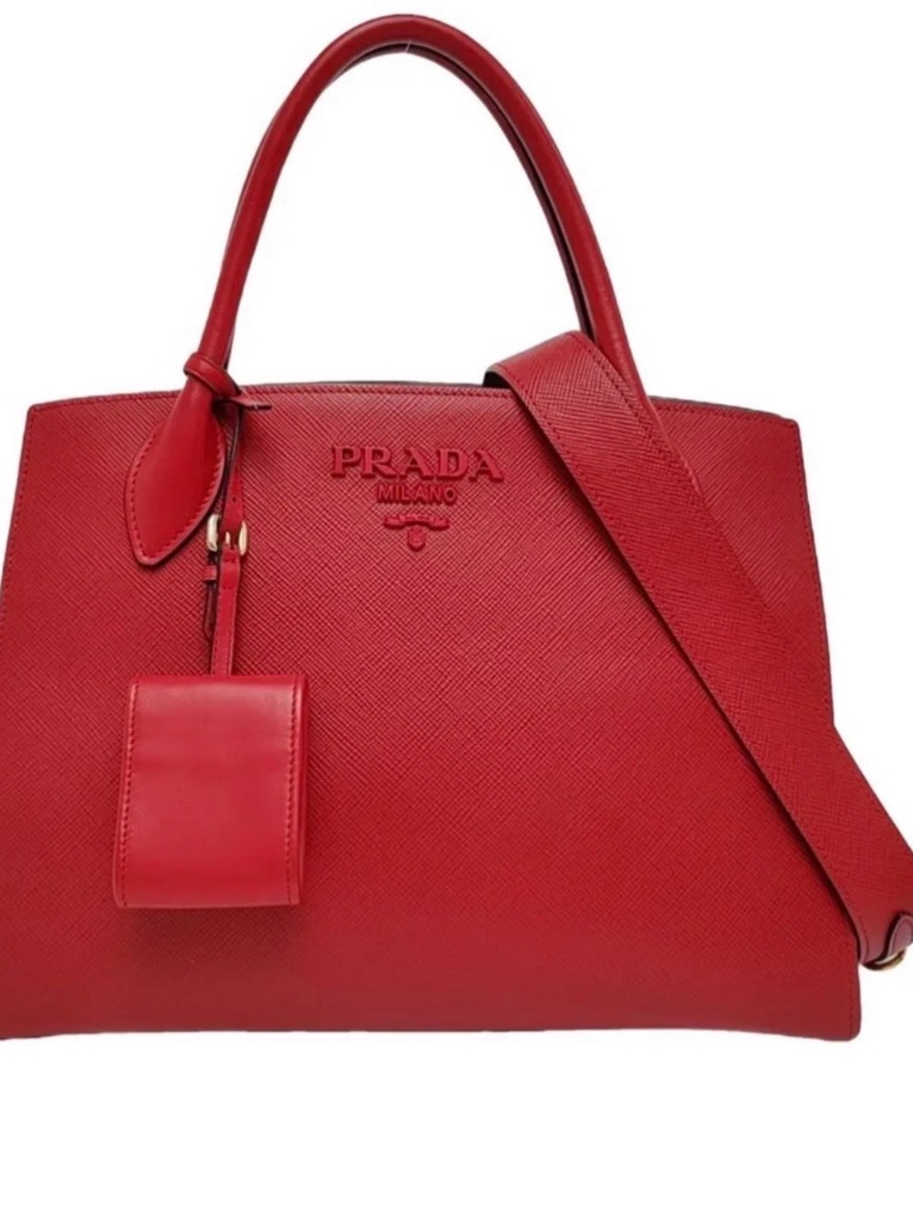 Prada Red Saffiano Satchel with Top Handles and Shoulder Strap